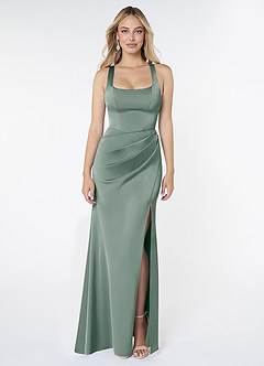 Azazie Mero Vestidos de damas de honor Vestido de Salvia Plateada de Satén Elástico de Corte Sirena con Plisado image1