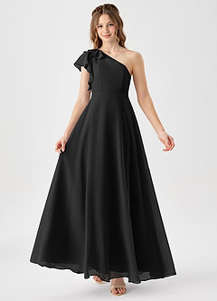 Azazie Arabella Junior Black A-Line Ruched Chiffon Dress image1
