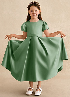 Azazie Princess Flower Girl Dresses Matcha A-Line Pleated Matte Satin Dress image3