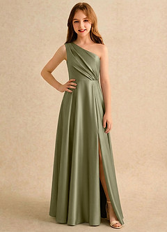 Azazie Puddles Girls Formal Robe Demoiselle D'honneur Fillette Robe Trapèze en Satin extensible Une épaule Pistache image1