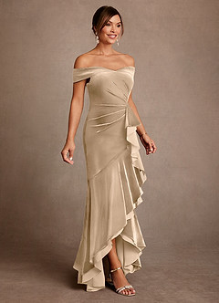 Azazie Billings Moeder van de bruid jurken Zeemeermin Jurk van flueel Off the Shoulder Champagne image4