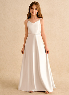 Azazie Fishie Girls Formal 플라워 걸 드레스 A라인 매트 새틴 플로어 길이 드레스 image4