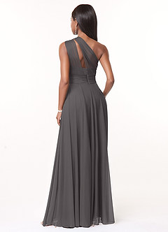 Azazie Charlize Bridesmaid Dresses Steel Grey A-Line One Shoulder Mesh Dress image2
