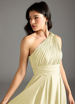 Azazie Charlize Bridesmaid Dresses Lemon Sorbet A-Line One Shoulder Stretch Satin Dress image7