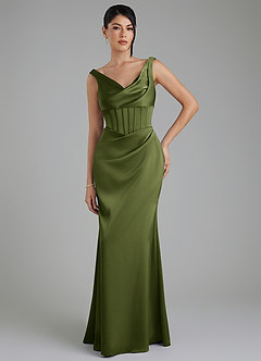 Azazie Spencer Robes de demoiselle d'honneur Robe Sirène en Satin extensible Plissée Olive image1