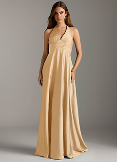 Azazie Tessie Bridesmaid Dresses Gold A-Line Pleated Stretch Satin Dress image3