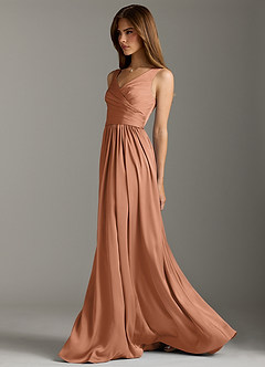 Azazie Keyla Robes de demoiselle d'honneur Robe Trapèze en Satin extensible Plissée Bronze image7