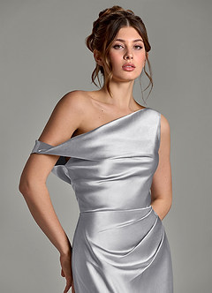 Azazie Emerson Bridesmaid Dresses Silver Mermaid Off the Shoulder Metallic Satin Dress image7