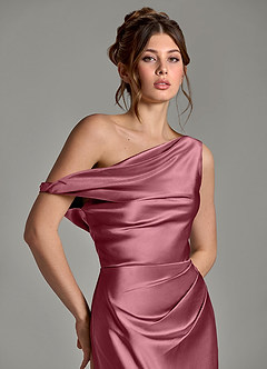Azazie Emerson Bridesmaid Dresses Desert Rose Mermaid Off the Shoulder Metallic Satin Dress image7