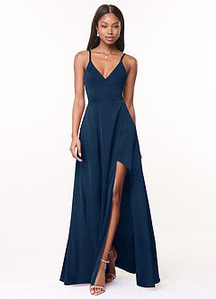 Azazie Maksim Bridesmaid Dresses Dark Navy A-Line V-Neck Stretch Satin Dress image1