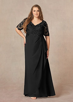 Azazie Amedeus Mère de la mariée Robes Robe Trapèze en Mousseline de soie Col V en dentelle Noir image6