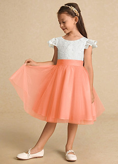Azazie Vetty Robe Demoiselle D'honneur Fillette Robe Trapèze en Tulle Dentelle Ivoire Coucher De Soleil image4