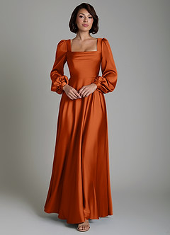 Azazie Solana Vestidos de damas de honor Vestido Naranja Quemada de Satén Elástico de Línea A con Manga larga image1