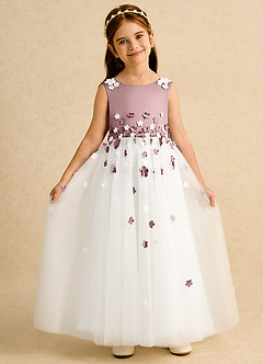 Azazie Eleni Blumenmädchenkleider Ballkleid Schleifen Tüll Kleid Elfenbein Altrosa image4