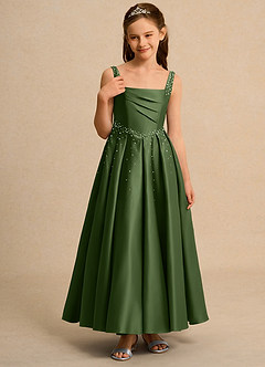 Azazie Mochi Girl Jurken voor bloemenmeisjes Baljurk Jurk van Mat Satijn Geplooid Olijf image5