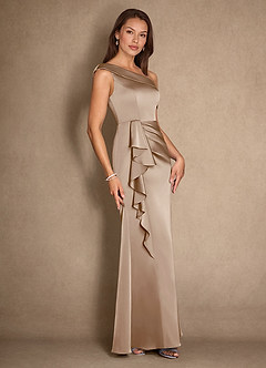 Azazie Hamptons Mother of the Bride Dresses Taupe A-Line Pleated Stretch Satin Dress image3