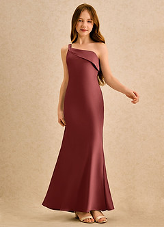 Azazie Almond Girls Formal Jurken voor bloemenmeisjes Kokerjurk Jurk van Stretch Satijn One-shoulder Terracotta image6