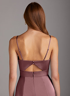 Azazie Shania Bridesmaid Dresses Vintage Mauve Sheath V-Neck Pleated Stretch Satin Dress image4