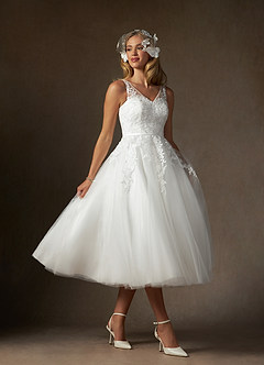 Azazie Dolores Wedding Dresses Diamond White A-Line V-Neck lace Satin Dress image5