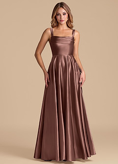 Azazie Shaude Bridesmaid Dresses Espresso A-Line Pleated Metallic Satin Dress image5