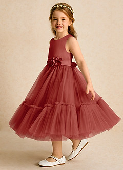 Azazie Miracle Flower Girl Dresses Terracotta A-Line Bow Matte Satin Dress image3