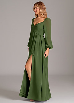 Azazie Bailee Bridesmaid Dresses Olive A-Line Long Sleeve Chiffon Dress image3