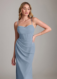 Azazie Mai Vestidos de damas de honor Vestido de Azul Polvoriento de Gasa de Corte Recto con Plisado image5