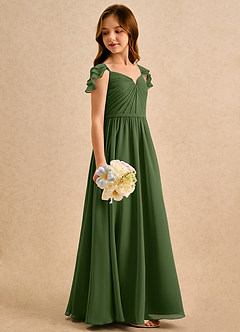 Azazie Meimei Girls Formal Abiti da Ragazza di Fiori Abito A-Line in Chiffon Plissettato Oliva image4