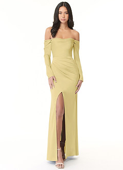 Azazie Hallie Bridesmaid Dresses Lemon Sorbet Sheath Off-The-Shoulder Long Sleeve Stretch Satin Convertible Dress image3