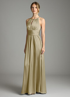 Azazie Bonnie Bridesmaid Dresses Moss Green A-Line Pleated Stretch Satin Dress image1