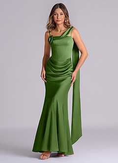 Azazie Inara Final Sale Dark Green Mermaid Pleated Stretch Satin Dress image1