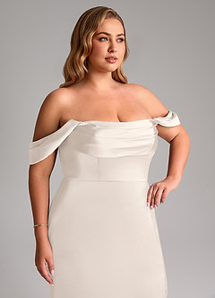 Azazie Saige Bridesmaid Dresses White Alabaster Sheath Off the Shoulder Stretch Satin Dress image14