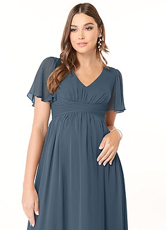 Azazie Verna Robes de demoiselle d'honneur de maternité Robe Trapèze Col V froncé Longueur ras du sol Mousseline de soie image5