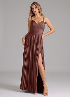 Azazie Vini Brautjungfernkleider A-Linie Plissee Stretch-Satin Kleid Espresso image1