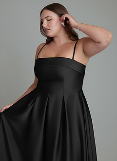 Azazie Lucienne At-home Try On Dresses Black A-Line Strapless Stretch Satin Convertible Dress image14
