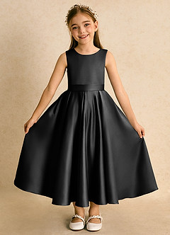 Azazie Junebuj Robe Demoiselle D'honneur Fillette Robe Princesse en Mat Satiné Plissée Noir image4