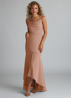 Azazie Summer Bridesmaid Dresses Champagne Rose Mermaid Scoop Cowl Chiffon Dress image1