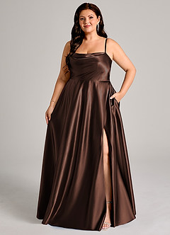 Azazie Elle Bridesmaid Dresses Ganache A-Line with Pockets Metallic Satin Dress image1