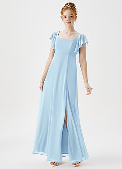 Azazie Bondi Junior Sky Blue A-Line Side Slit Mesh Dress image3