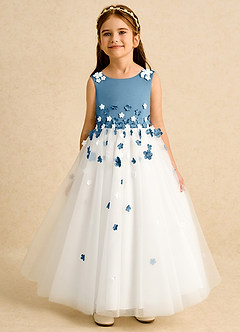 Azazie Eleni Flower Girl Dresses Ivory Steel Blue Ball-Gown Bow Tulle Dress image1