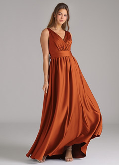 Azazie Kora Bridesmaid Dresses Cinnamon A-Line Pleated Stretch Satin Dress image4