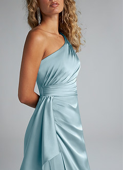 Azazie Maive Bridesmaid Dresses Moody Blue Sheath Ruched Stretch Satin Dress image5