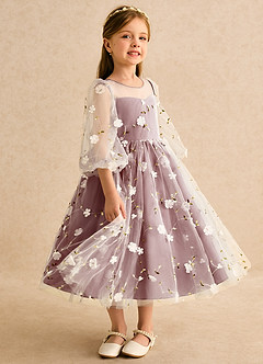 Azazie Elowen Robe Demoiselle D'honneur Fillette Robe Trapèze en Dentelle Encolure en Forme de Cœur Rose Du Désert image4