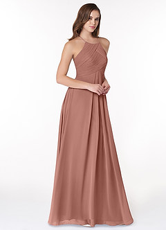 Azazie Ginger Vestidos de damas de honor Vestido de Rosa De Cedro de Gasa de Corte en A con Halter Plisado image1