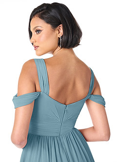 Azazie Lianne Robes de demoiselle d'honneur Robe Trapèze en Mousseline de soie Épaule décolletée Bleu Maussade image6