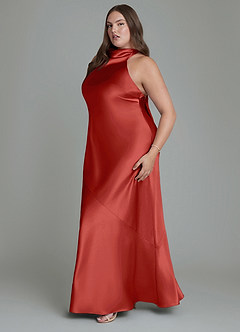 Azazie Velli Robes de demoiselle d'honneur Robe Fourreau en Satiné métallisé Col haut Rouille image13