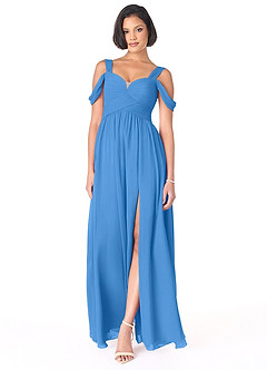 Azazie Lianne Robes de demoiselle d'honneur Robe Trapèze en Mousseline de soie Épaule décolletée Geai Bleu image2