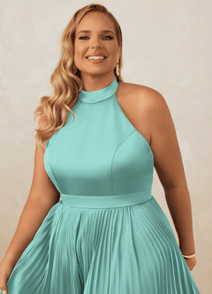 Christian Siriano Bridal for Azazie 1007 Bridesmaid Dresses Aqua A-Line Pleated Stretch Satin Dress image14