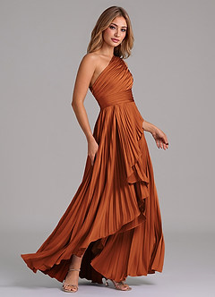 Azazie Lyrica Robes de demoiselle d'honneur Robe Trapèze en Satin extensible Ue épaule Cannelle image3