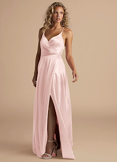 Azazie Davis Bridesmaid Dresses Blushing Pink A-Line Pleated Metallic Satin Dress image5